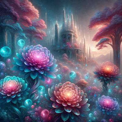 The primary subject of the image is a group of colorful flowers, including pink and purple ones, with a vibrant and lively atmosphere. The setting is a forest with a castle in the background, creating a fantastical and magical scene. The visual style is a digital art or illustration, showcasing the artist's creativity and attention to detail. The colors and mood of the image are predominantly pink and purple, evoking feelings of love, warmth, and happiness.